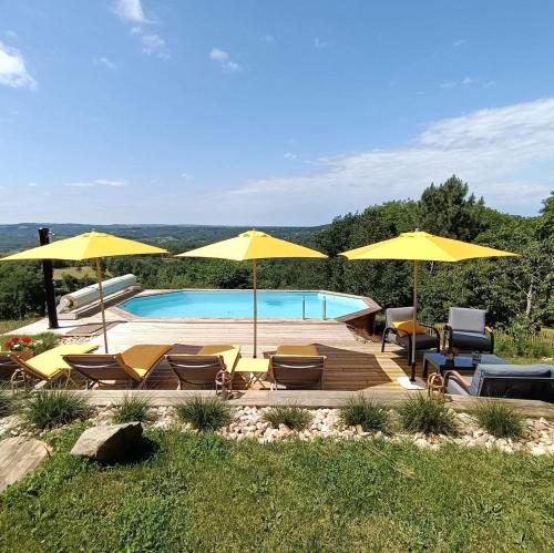 une piscine avec chaises et parasols et une piscine dans l'établissement La Maison Bleue, à Juillac