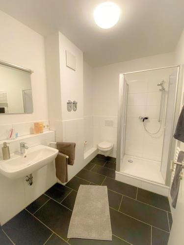 a bathroom with a sink and a shower and a toilet at Studiowohnung 1 in Buxtehude in Buxtehude
