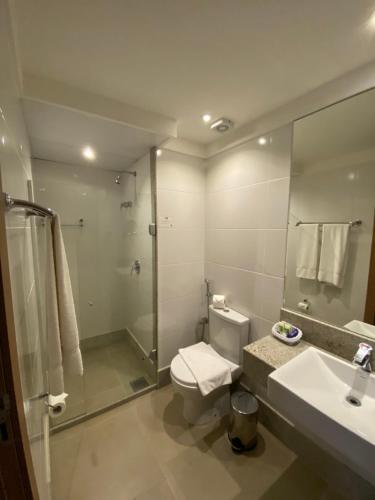 a bathroom with a toilet and a shower and a sink at Cond Vista Azul Hotel in Pedra Azul