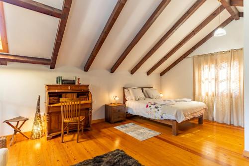 een slaapkamer met een bed en een bureau bij Villa Tabua in Ribeira Brava