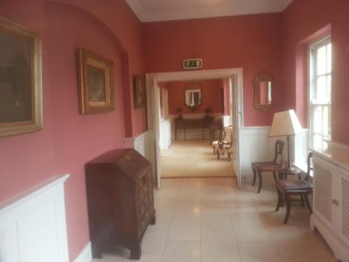 a living room with pink walls and a fireplace at Emlagh House in Dingle