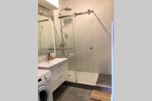 une salle de bain avec douche et lavabo et une machine à laver dans l'établissement Côté Cour Lyon Part Dieu, à Lyon