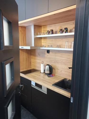 une cuisine avec un comptoir et un évier et des armoires en bois dans l'établissement City-centar, à Banja Luka