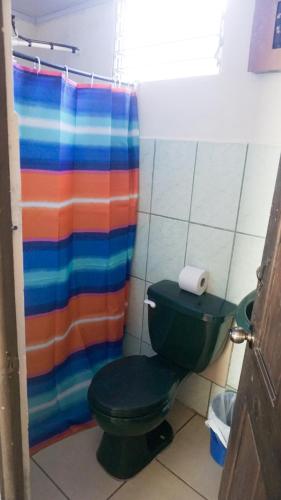 a bathroom with a toilet and a colorful shower curtain at Apartamento Equipado Morpho CR. in Quepos