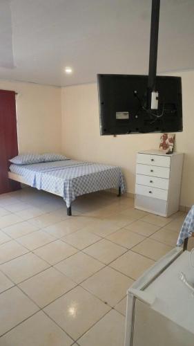 1 dormitorio con 1 cama y TV en la pared en Apartamento Equipado Morpho CR., en Quepos