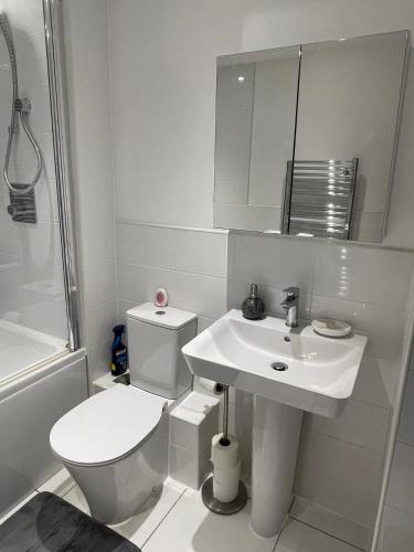 een witte badkamer met een toilet en een wastafel bij White house in Milton Keynes
