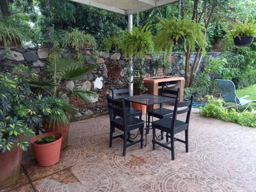 a table and chairs on a patio with plants at Toca Madera in Chapala
