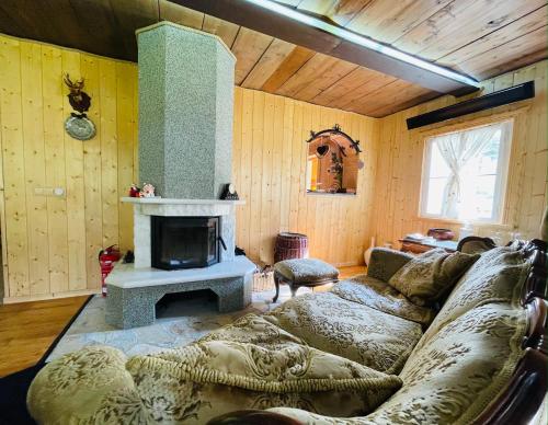 a living room with a couch and a fireplace at Chalet anno 1794 in Rettenegg