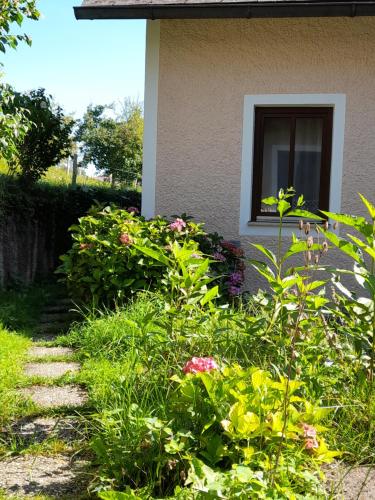 a garden with flowers in front of a house at Miniponyhof Biohof Almbauer in Waidhofen an der Ybbs