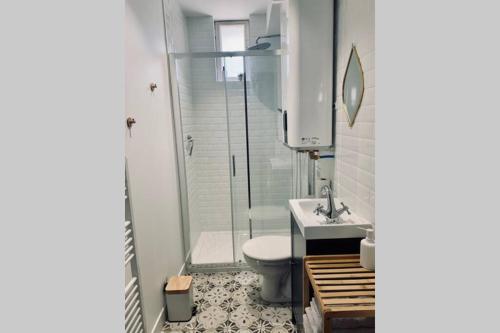 a bathroom with a shower and a toilet and a sink at Le Travel, Studio cosy aux pieds de la Gare in Rennes