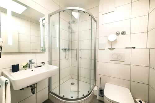 a bathroom with a shower and a sink and a toilet at Das Prinzregent in Edenkoben