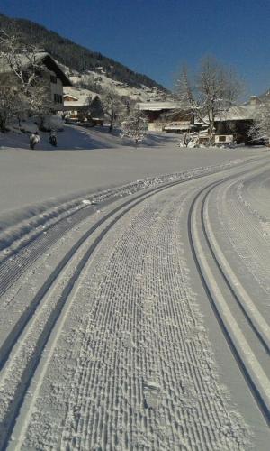 a snowy road with tire tracks in the snow at Haus am Bühel in Gaschurn