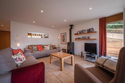 a living room with a couch and a tv at Chalet Am Acher 3 in Wengen