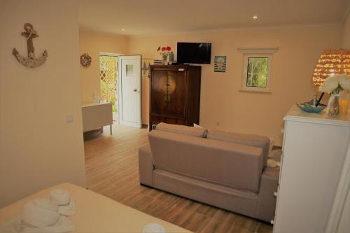 a living room with a couch and a tv at T0 Junto a Praia de Vale Centeanes / Carvoeiro in Lagoa
