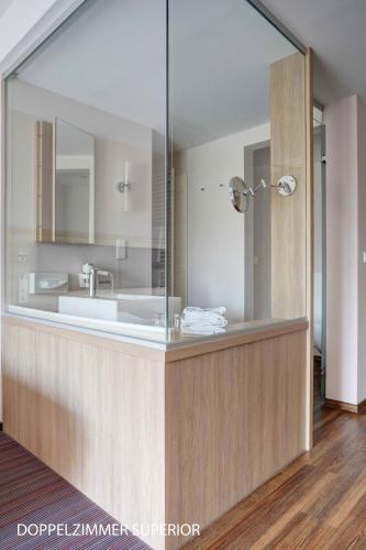 a bathroom with a sink and a large mirror at Stössels Hotel in Altenmedingen