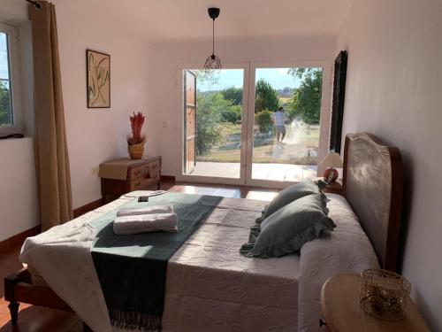 Casa en Finca, Villa con Piscina Zarzuela في فيلافيسيوسا دي أودون: غرفة نوم بسرير ونافذة كبيرة
