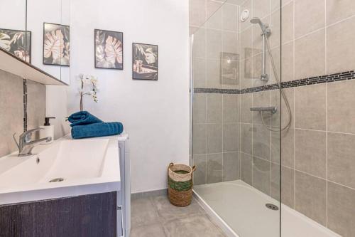 La salle de bains est pourvue d'un lavabo et d'une douche. dans l'établissement Le Beau Coin - Thionville / Metz / Luxembourg, à Thionville