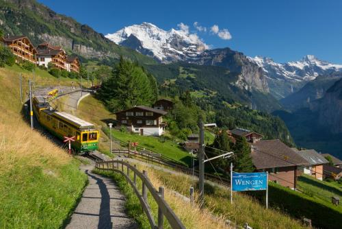 a train on the tracks in a valley with mountains at Chalet Am Acher 3 in Wengen