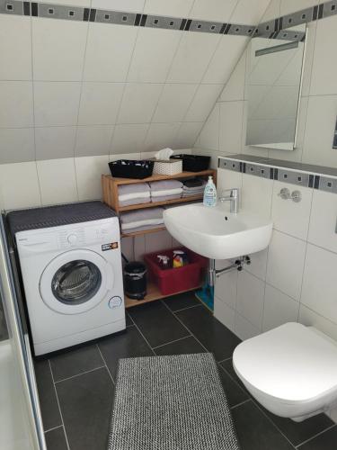 ein Badezimmer mit einer Waschmaschine und einem Waschbecken in der Unterkunft Apartment Bergisches Land in Wermelskirchen