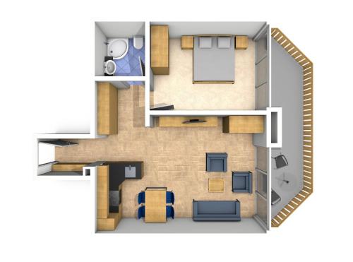 - un plan d'étage pour un petit appartement dans l'établissement Apart Holidays - Residenz Chateau, à Saas-Fee