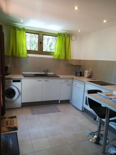 une cuisine avec un évier et une machine à laver dans l'établissement appartement avec Jacuzzi hammam sauna privatisé au rez de chaussée ds maison à Voglans à 2 kilomètres du lac du bourget en Savoie entre Chambéry et Aix les Bains cure thermale, à Voglans