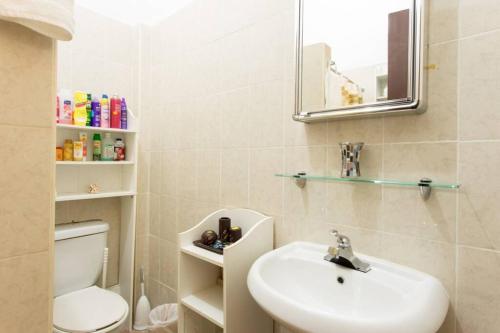 ein Badezimmer mit einem Waschbecken, einem WC und einem Spiegel in der Unterkunft Comfortable and Affordable Deal Close to Beach and Rainforest in Rio Grande