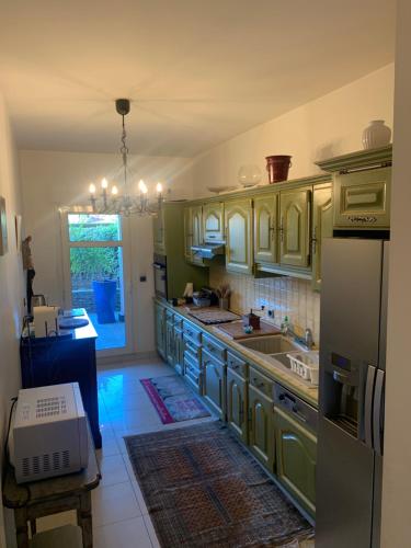 une cuisine avec des armoires vertes et un évier dans l'établissement Le Palais Vénitien, à Saint-Cyr-sur-Mer