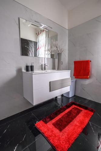 a bathroom with a sink and a red rug at LA STELLA DEL SUD in Marsala