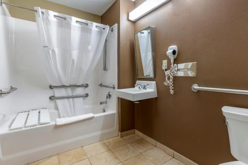 a bathroom with a shower and a sink and a toilet at Microtel Inn & Suites Dillsboro/Sylva in Dillsboro