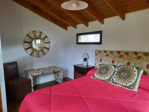 a bedroom with a pink bed with a chair and a mirror at Aylen Departamentos en Pinamar NO GRUPO DE JOVENES in Pinamar