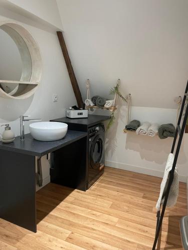 ein Badezimmer mit einem Waschbecken und einer Waschmaschine in der Unterkunft A stylish apartment in the centre of town in Montreuil-sur-Mer