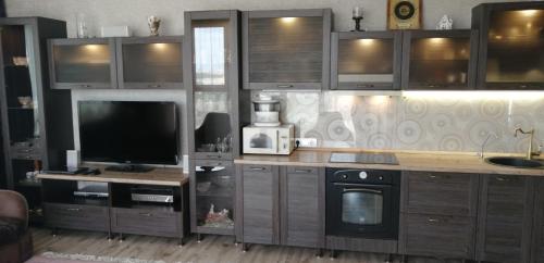 a kitchen with wooden cabinets and a television in it at Квартира в Академ Риверсайд с панорамным видом in Chelyabinsk