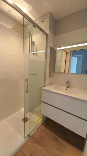 une salle de bain avec une douche en verre et un lavabo dans l'établissement Très bel appartement de 55 m2 face mer avec superbe vue sur la baie de la Baule, à Pornichet