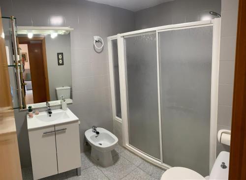 een badkamer met een douche, een toilet en een wastafel bij Apartamento con terraza en primera línea de playa in Conil de la Frontera