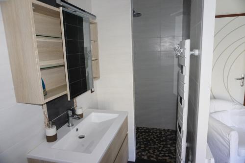 een witte badkamer met een wastafel en een douche bij Chambre d'hôtes le Berceau in Meschers-sur-Gironde