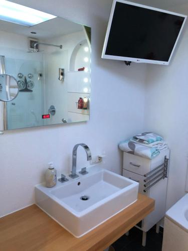 ライト・イム・ヴィンクルにあるLoferblickのバスルーム(洗面台付)、壁掛けテレビが備わります。