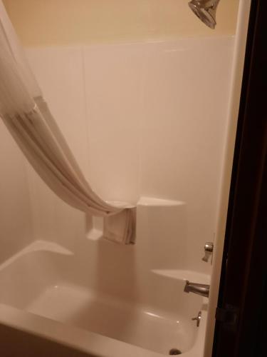 a bathroom with a tub and a shower curtain at Horse Creek Inn in McCook
