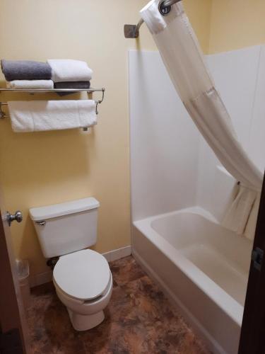 a bathroom with a white toilet and a bath tub at Horse Creek Inn in McCook