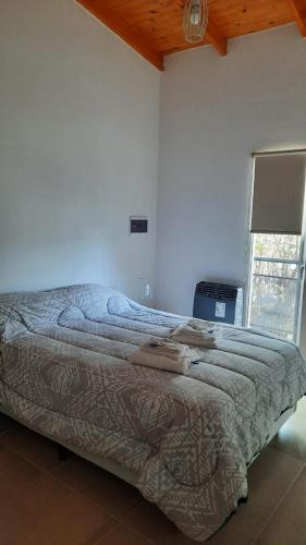 una camera con un letto in una stanza con una finestra di ballena franca a Puerto Madryn