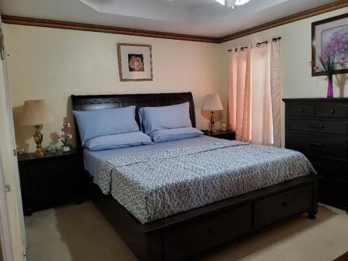 a bedroom with a bed with blue pillows at Smart Entire Loft, 3 br, 2 bath, with 3 tv in Columbia
