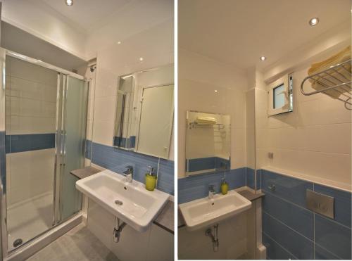 two pictures of a bathroom with a sink and a shower at Hotel Nestor in Toroni