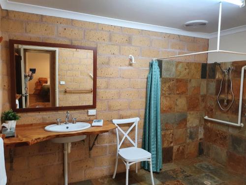a bathroom with a sink and a mirror and a shower at Little River Farm Cottages in Denmark