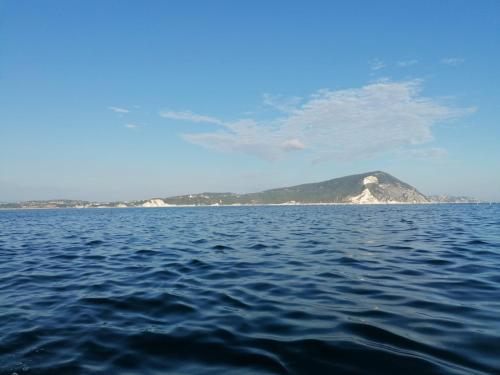a large body of water with a mountain in the background at Il Piccolo Uliveto del Conero in Camerano