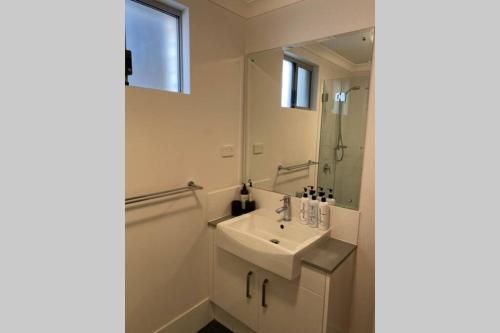 uma casa de banho com um lavatório e um espelho em CENTRAL CLOSE SHOPS CITY AIRPORT WIFI NETFLIX PARK em Perth