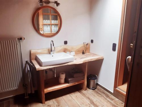 La salle de bains est pourvue d'un lavabo et d'un miroir. dans l'établissement Huberhof, Mettenham, à Schleching