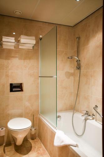 a bathroom with a shower and a toilet and a sink at Golden Tulip Hotel de’ Medici in Bruges