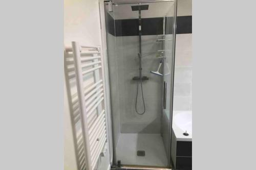 een badkamer met een douche en een glazen deur bij Maison lumineuse 3 chambres bordeaux sud in Pont-de-la-Maye