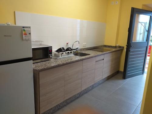 a kitchen with a sink and a refrigerator at Albergue La Plaza in Tineo