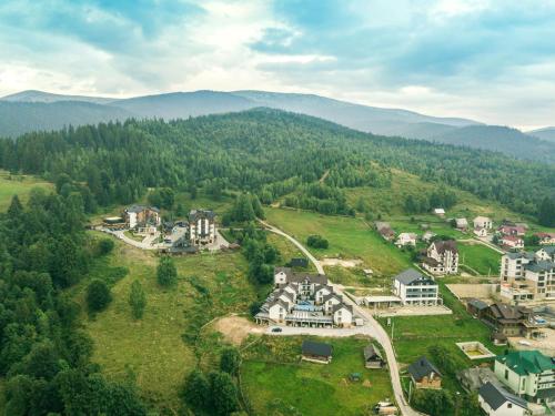 an aerial view of a village in the mountains at Chalet Fomich in Bukovel