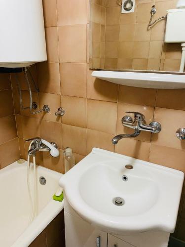 a bathroom with a white sink and a bath tub at Sunny Parkside Apartment in Bar
